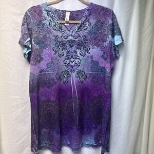 Y2K Graphic Tunic Top Flowy A line Size L Embellished Endless Designs